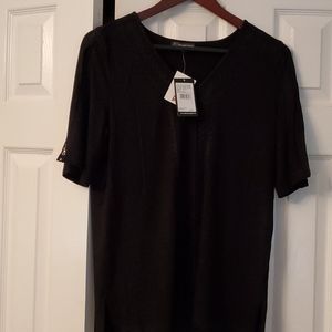 Adrianna Papell black split sleeve embroidered top